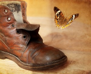 A worn out boot with a butterfly flying away
