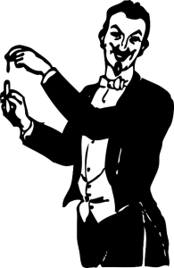 Black ink drawing of a magician performing a trick
