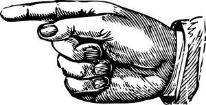 Black and white drawing of a finger pointing in blame