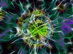 A dynamic, abstract image in lime green and purple against a black background. It conveys energy.
