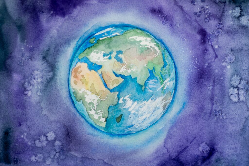 Water color image of the earth from space, with a halo of light blue on a field of purples.